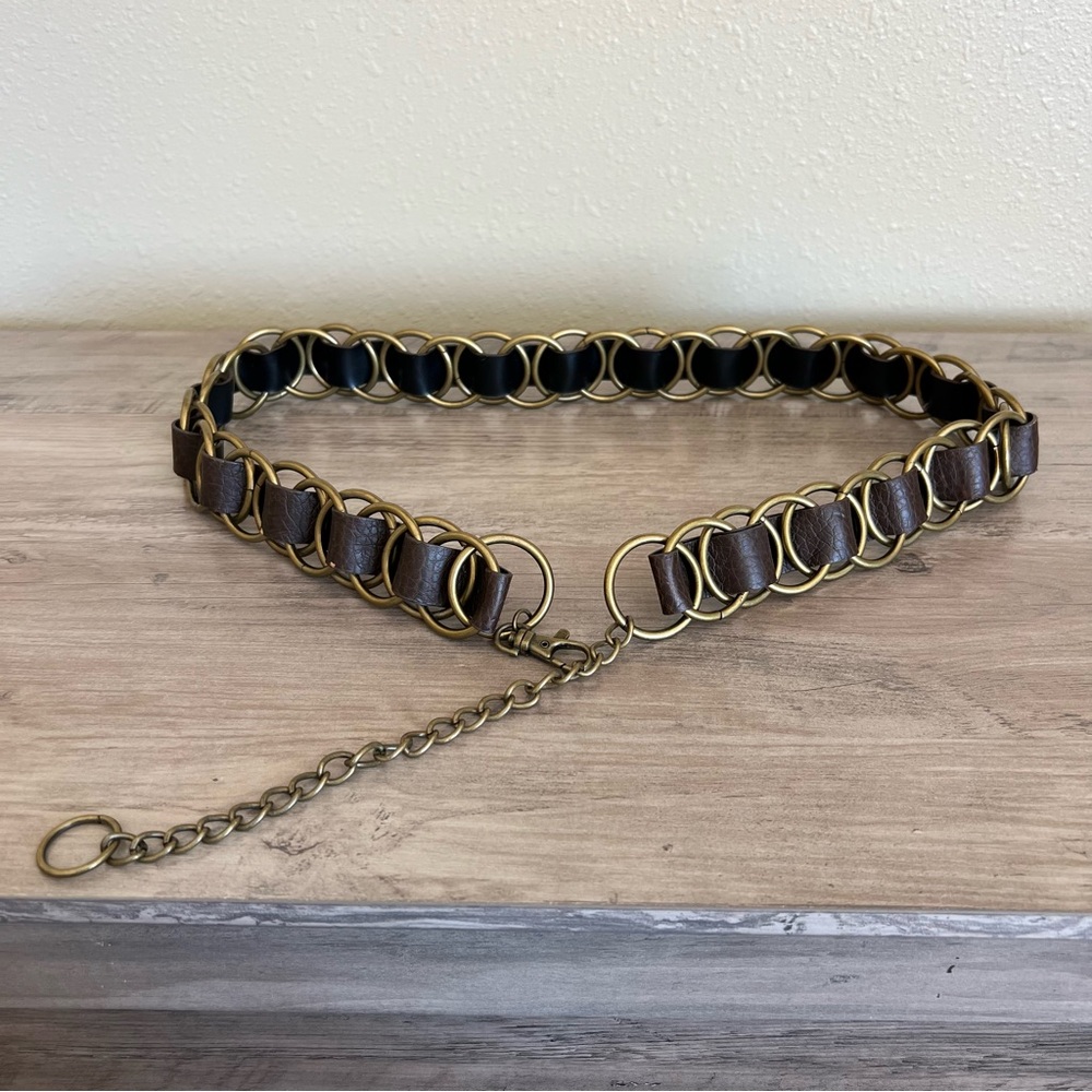 VTG Metal Woven Waist Chain Belt Women Western Y2K Adjustable Boho Brown *Read